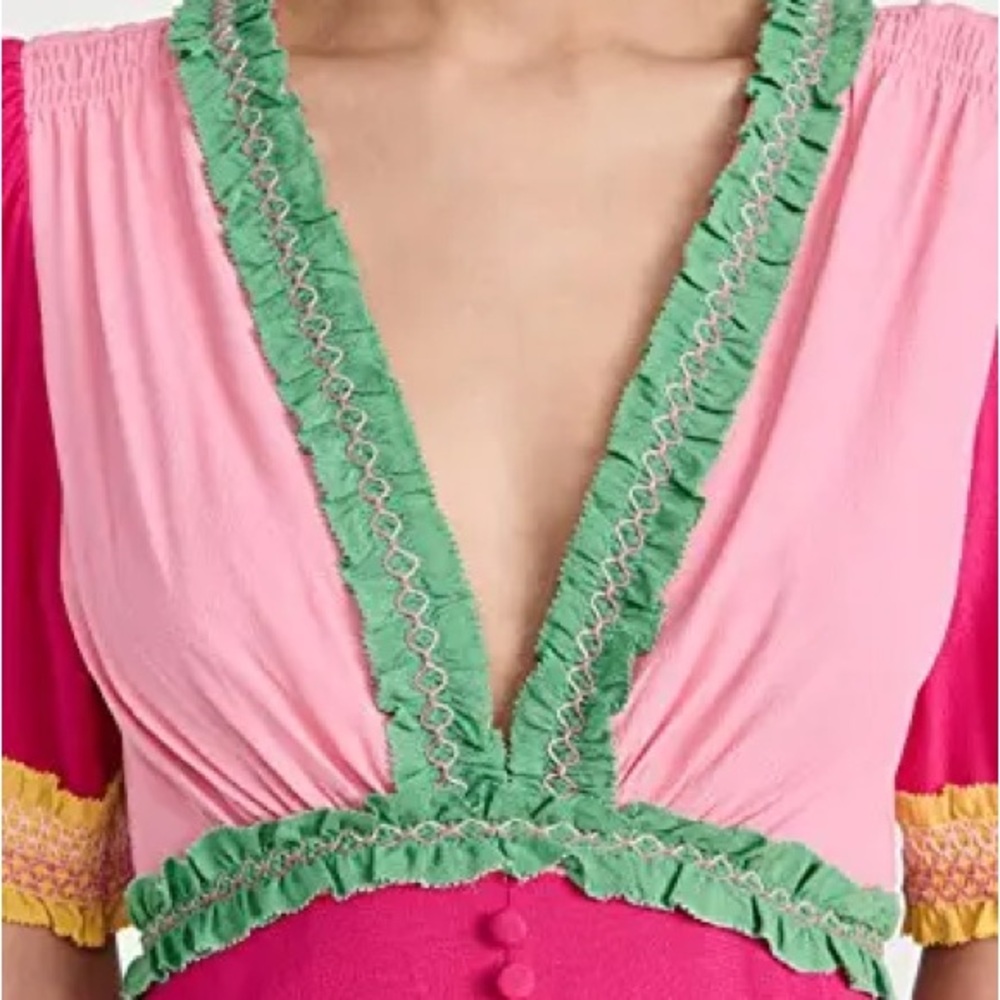 Saloni Lea Colorblock Crepe Maxi Dress Pink Green Size 4 US - Picture 10 of 13
